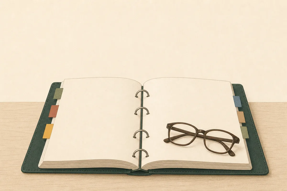 Illustration: an open reference binder with sticky tabs and reading glasses