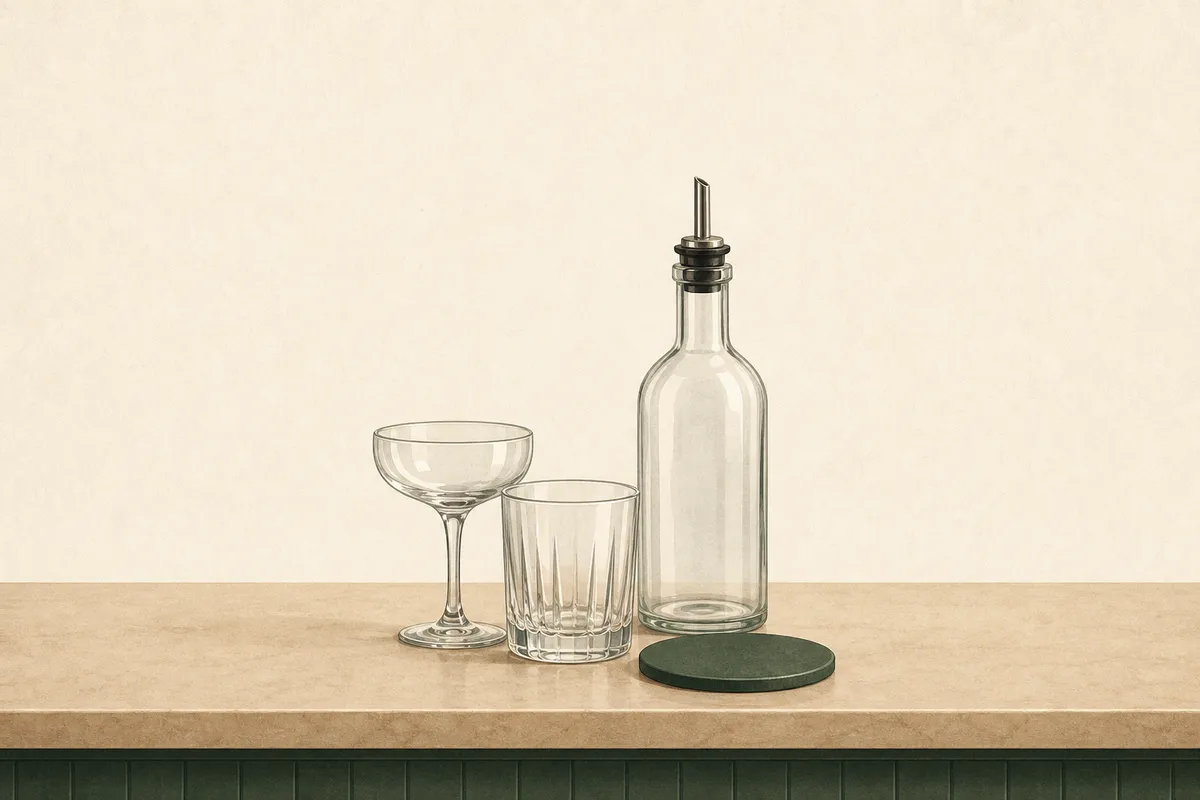 Illustration: a bar counter — clean glassware, pour-spout bottle, coaster
