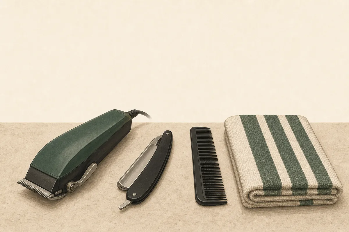Illustration: a barber's counter — clippers, straight razor, comb, striped towel