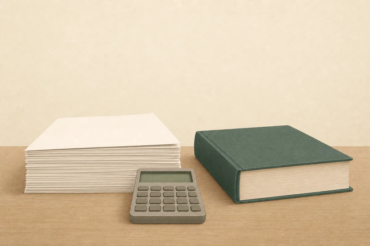 Illustration: a medical billing desk — claim forms, calculator, codebook