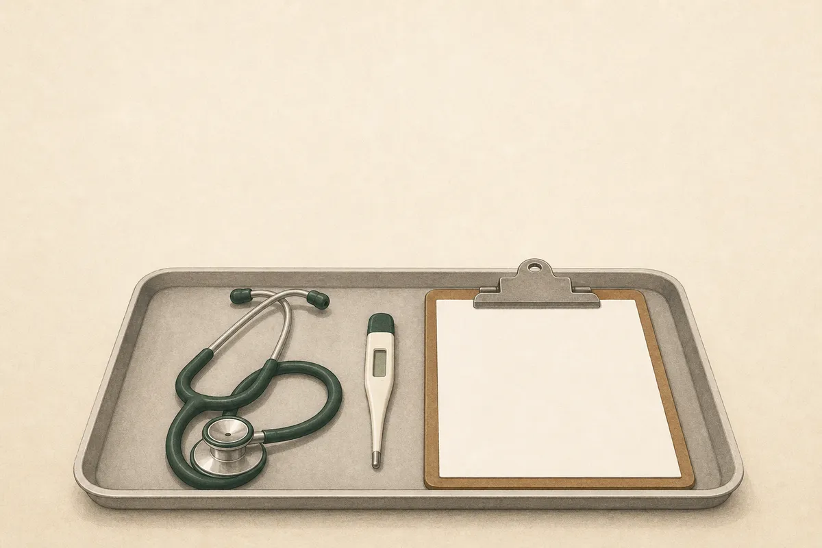 Illustration: a clinical tray — stethoscope, thermometer, patient chart