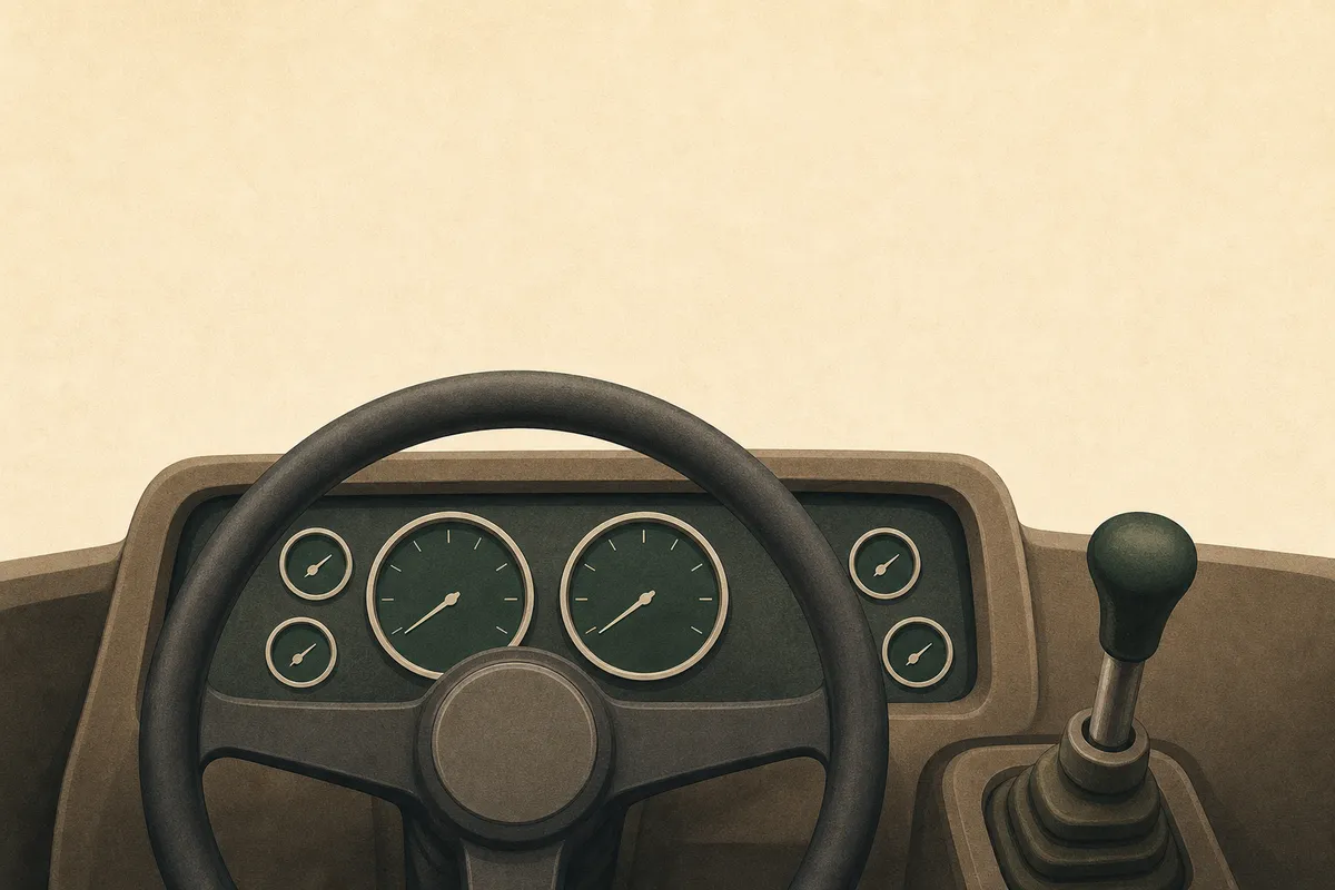 Illustration: a semi-truck cab — steering wheel, air-brake gauges, gear shifter