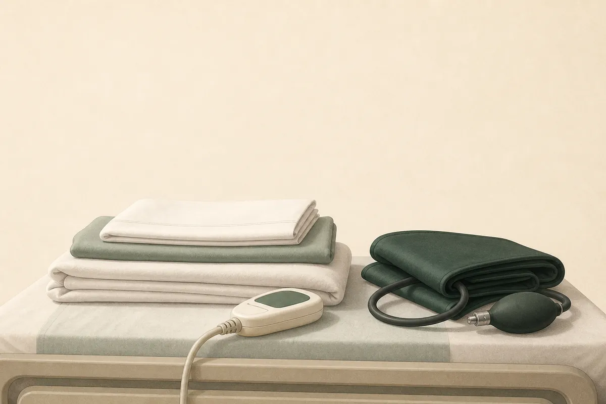 Illustration: a hospital bedside — folded linens, call button, blood-pressure cuff