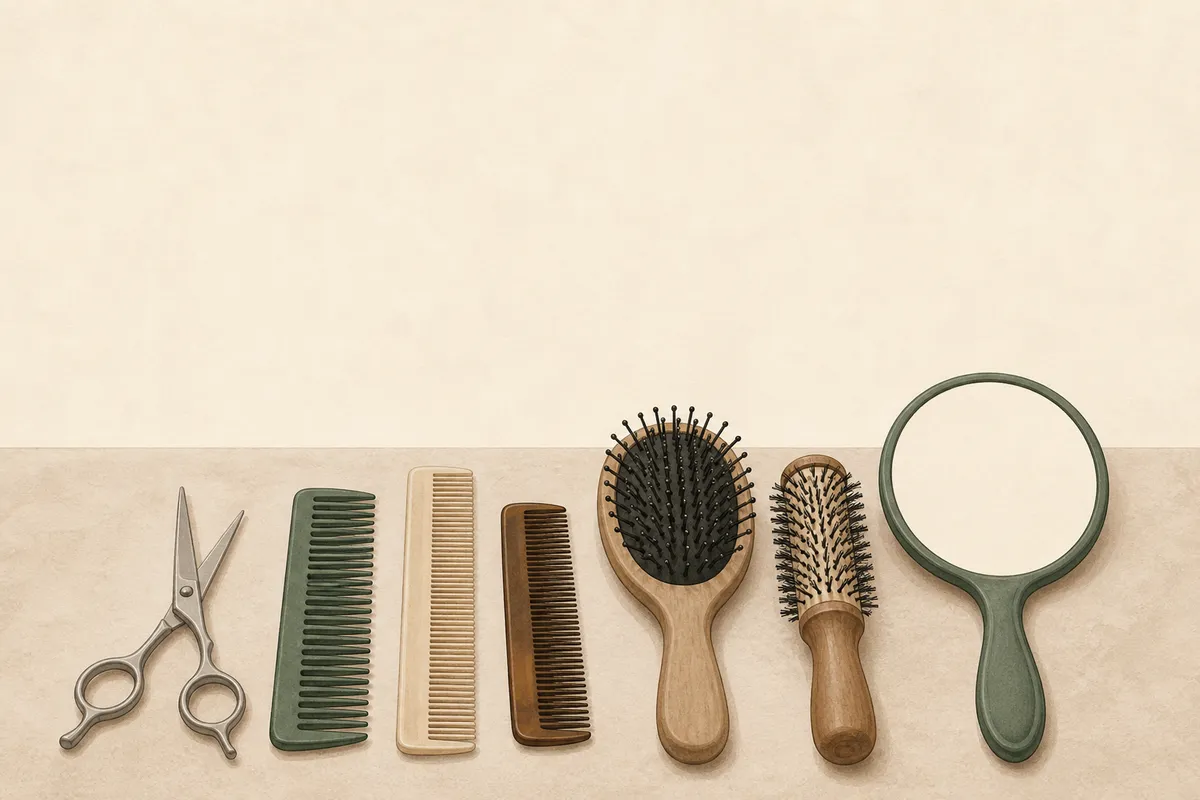 Illustration: a salon station — scissors, combs, brushes, hand mirror