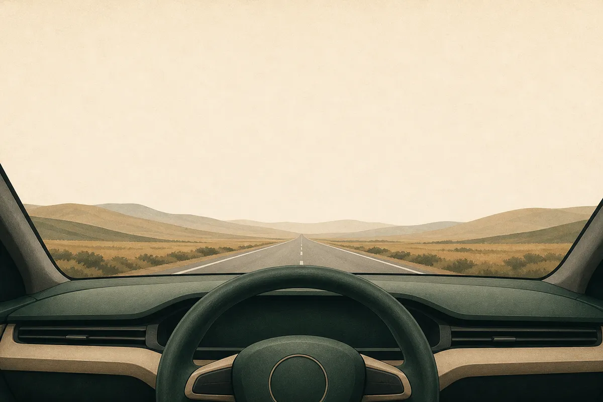 Illustration: a car dashboard and steering wheel, the road ahead