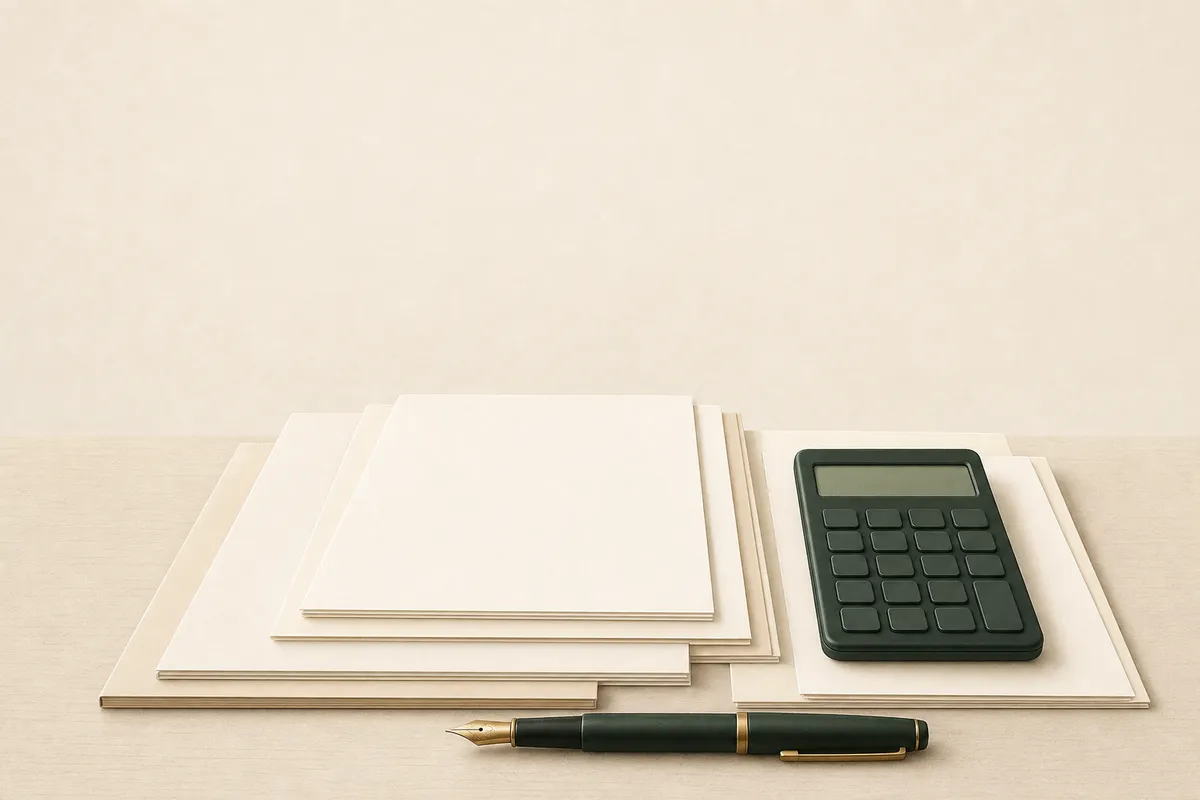 Illustration: a tax preparer's desk — tax forms, calculator, fountain pen
