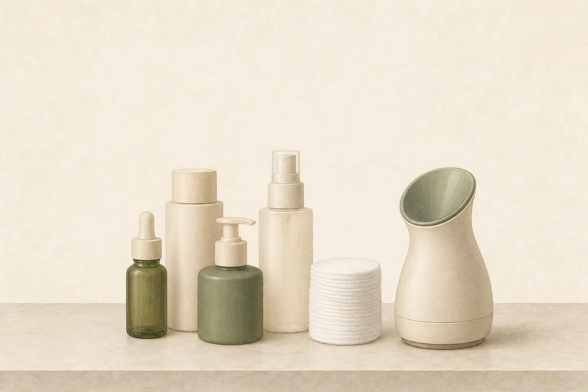 Illustration: a facial counter — skincare bottles, cotton rounds, steamer