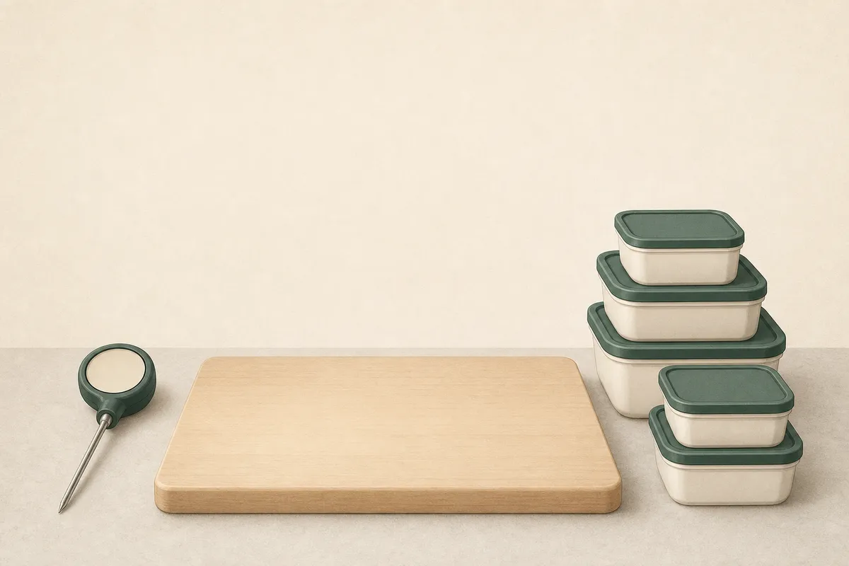 Illustration: a kitchen prep station — cutting board, food thermometer, clean containers