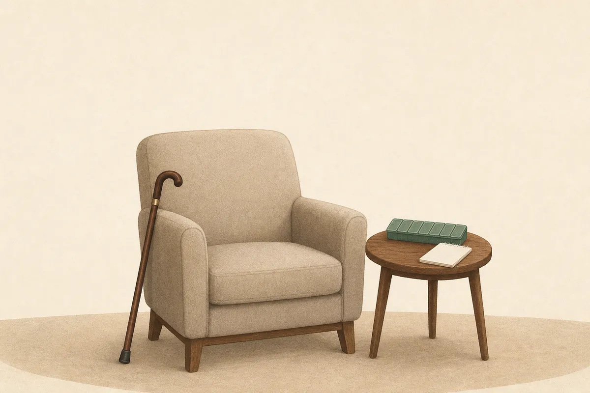 Illustration: home care — a cane by an armchair, pill organiser, notepad