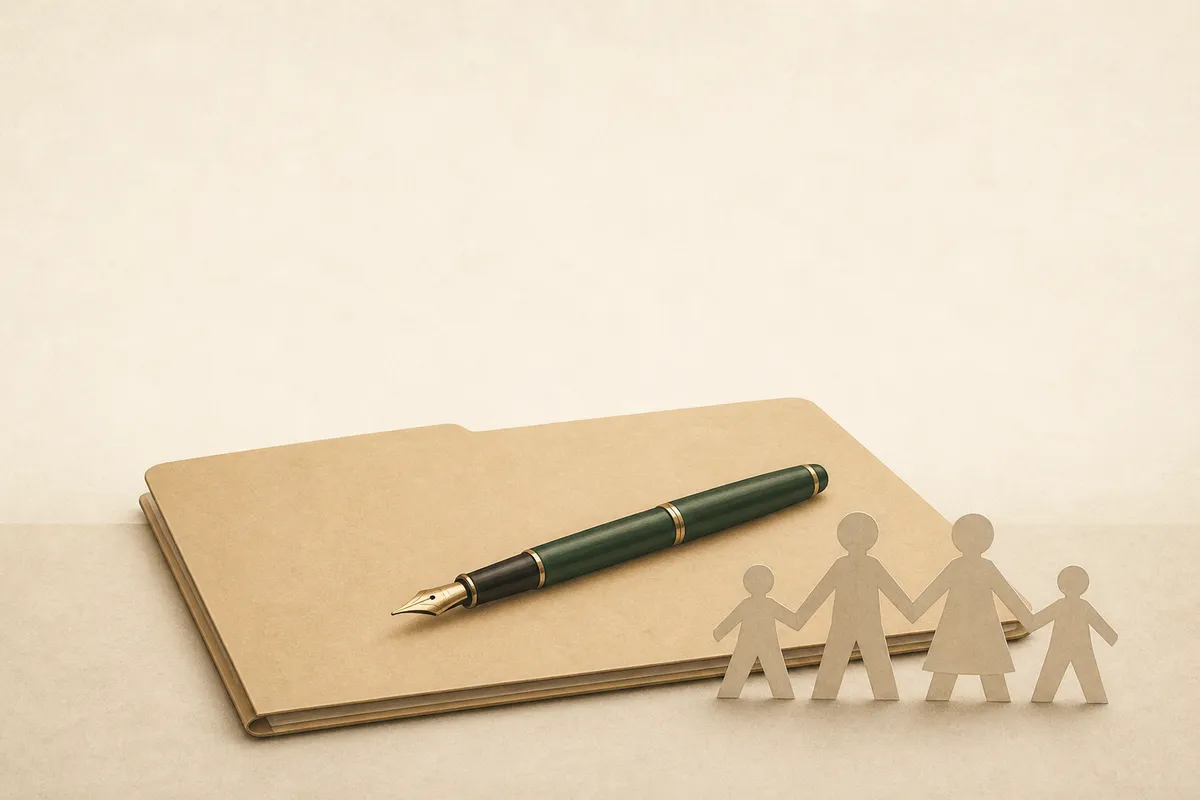 Illustration: a policy folder, fountain pen and a paper family cutout