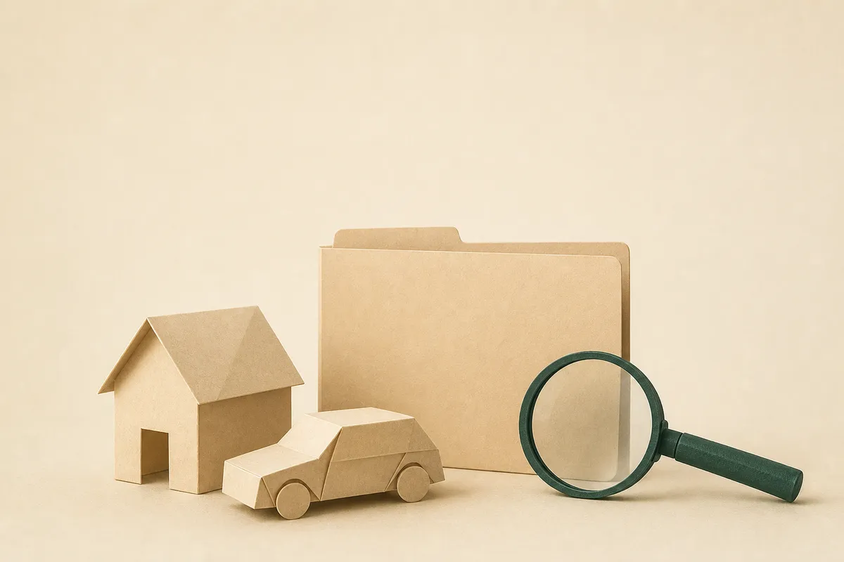 Illustration: a paper house and car beside a policy folder and magnifier