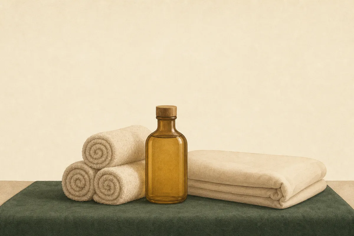 Illustration: a massage room — rolled towels, oil bottle, folded sheet