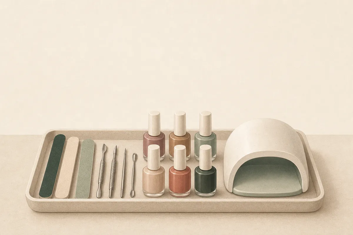 Illustration: a nail tool tray — files, cuticle tools, polish, UV lamp