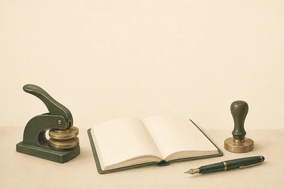 Illustration: a notary's desk — an embossing seal press, an open blank journal, a round handle stamp and a fountain pen