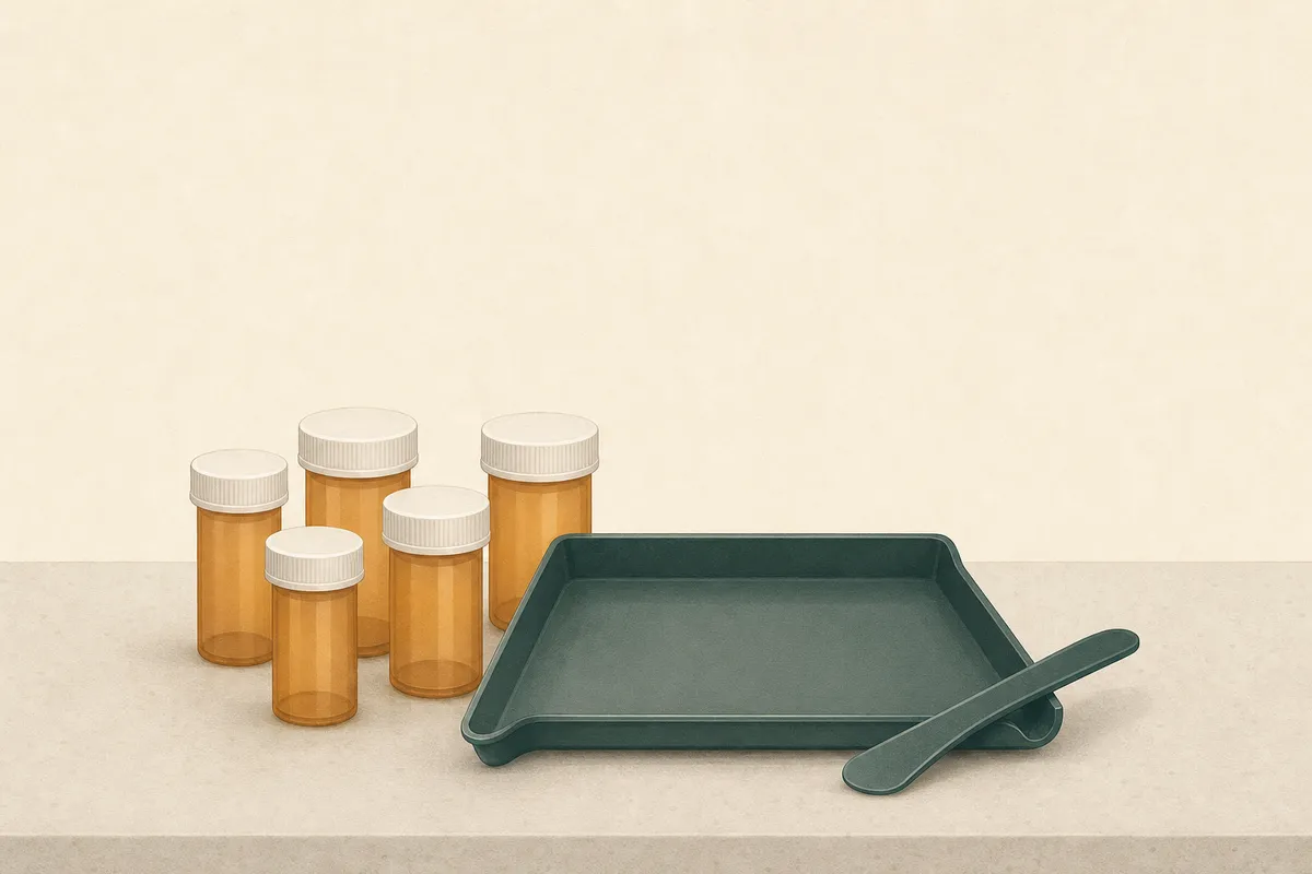 Illustration: a pharmacy counter — prescription vials, counting tray, spatula