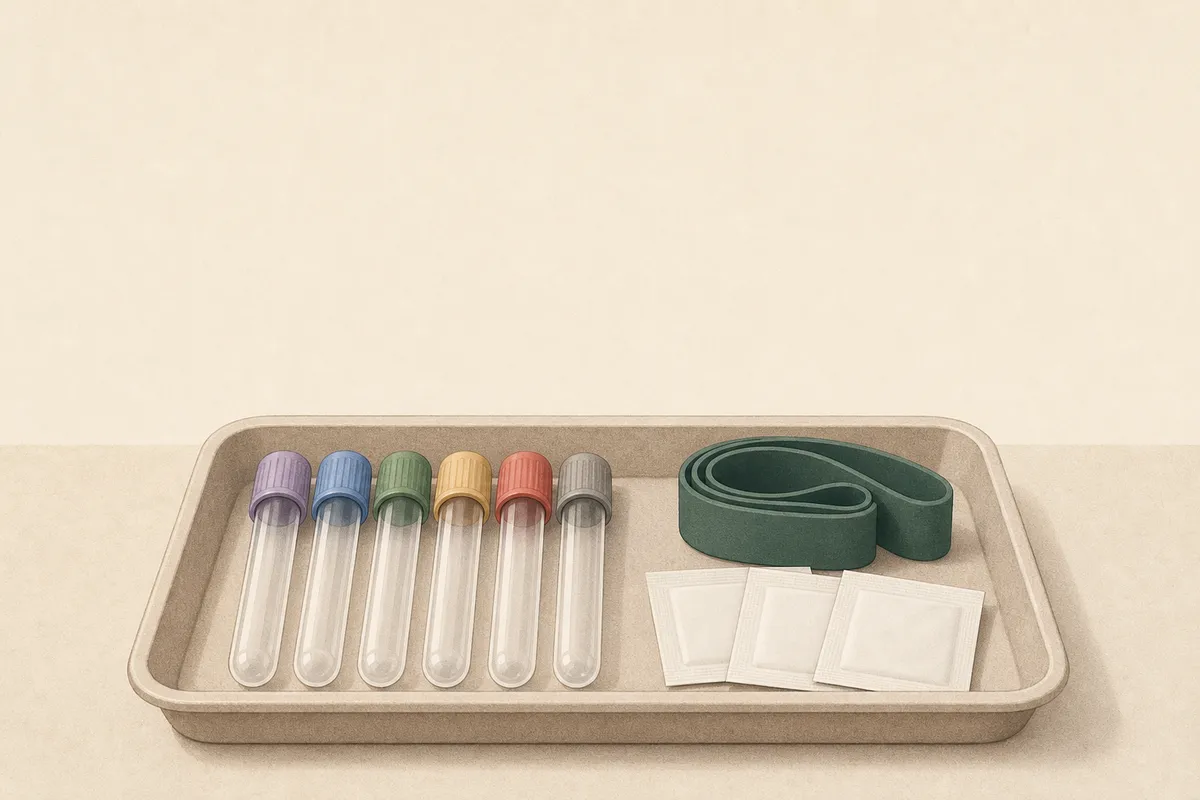 Illustration: a phlebotomy tray — colour-coded tubes, tourniquet, alcohol swabs