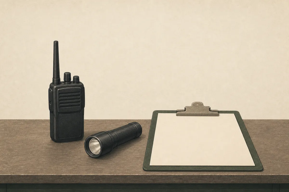 Illustration: a guard station — two-way radio, flashlight, clipboard log