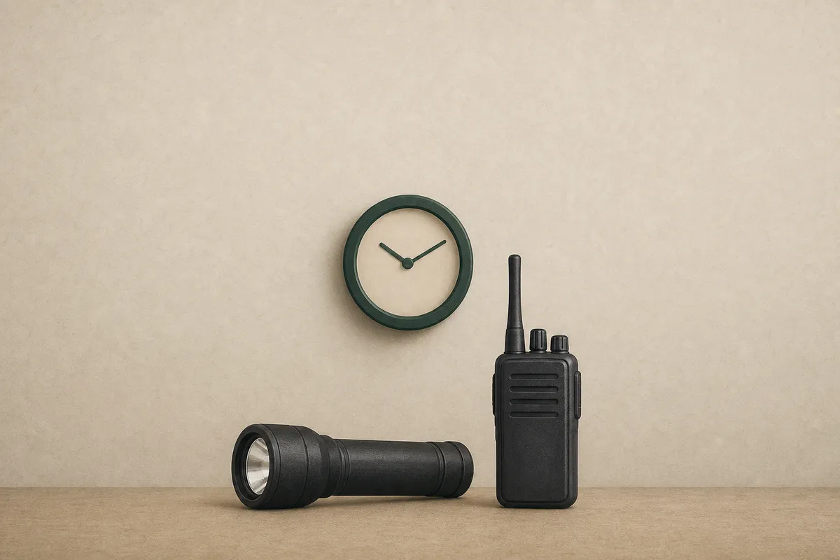 Illustration: a night patrol kit — flashlight, radio, checkpoint clock